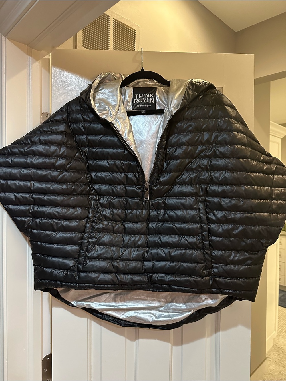 THINK ROYLN Black Quilted Packable Hooded Puffer with Silver Lining